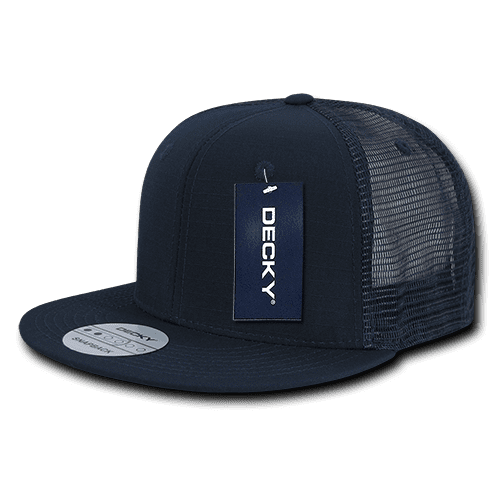 A navy blue high-profile structured trucker cap with a mesh back and a branded tag attached. 6 Panel High Profile Structured Trucker - Image 1