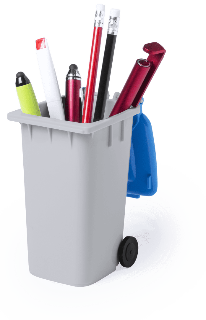 A grey pencil holder shaped like a mini rubbish bin, containing various pens and markers, with a blue handle. Organic Pencil Holder - Image 1