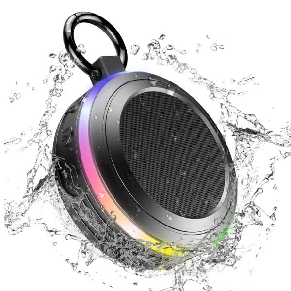 A round, black portable wireless shower speaker with colourful lights, partially submerged in water. It features a hanging clip. Portable Wireless Shower Speaker - Image 1