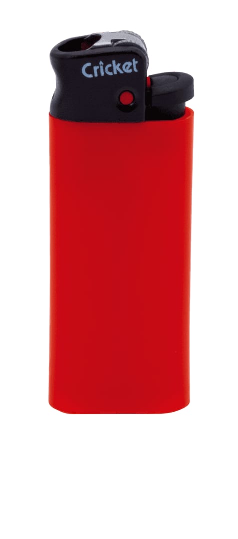 A red lighter with a black top, featuring a logo and a button for ignition. Minicricket Lighter - Image 1