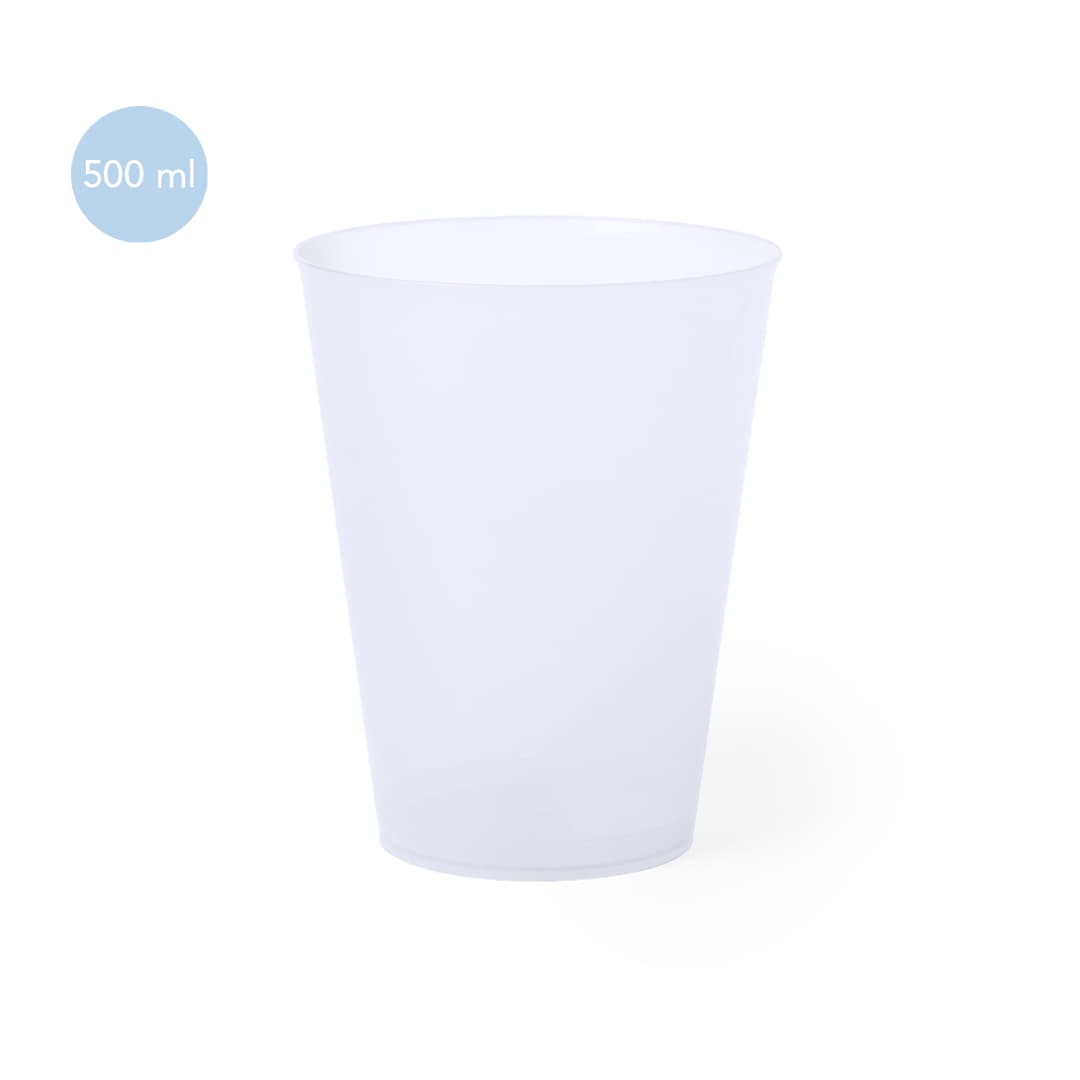 A plastic cup in translucent white, featuring a logo, with a capacity of 500 ml. Ginbert Cup - Image 1