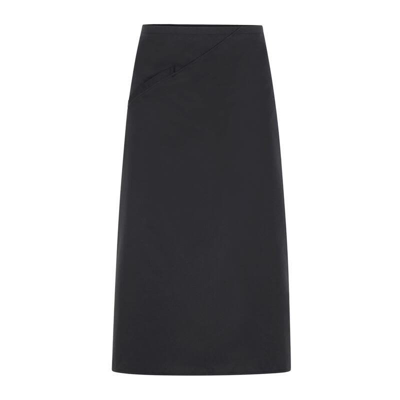 A black apron with an angled design and a pocket, suitable for workwear. It features a logo. Ibiza Apron - Image 1