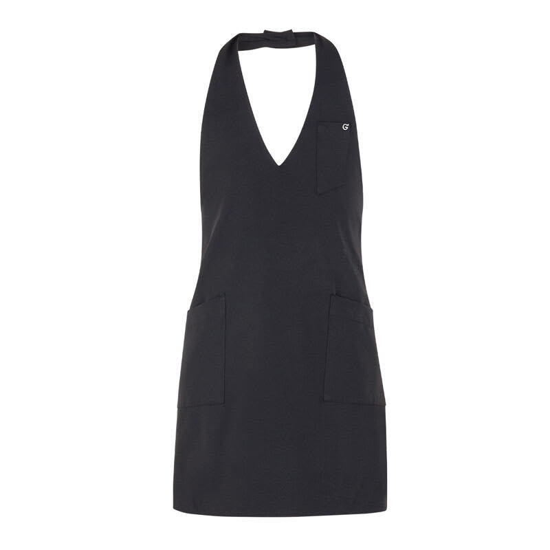 A black Bilbao apron featuring a V-neck design and two front pockets. It has a logo on the chest area. Bilbao Apron - Image 1