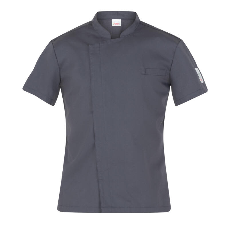 A grey chef jacket with a short sleeve design and a small pocket on the front. It features a logo on the sleeve. Federico Chef Jacket - Image 1