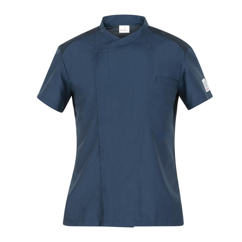 A navy chef jacket featuring short sleeves and a subtle collar design, with a pocket and logo on the sleeve. Liam Chef Jacket - Image 1
