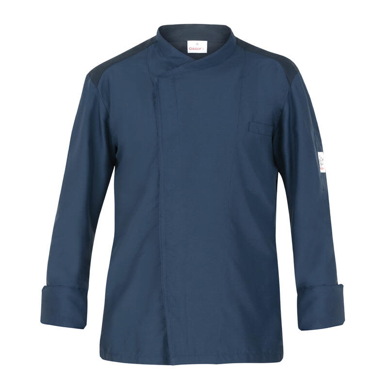 A navy chef jacket featuring long sleeves, a collarless design, and a single pocket with a logo. Michael Chef Jacket - Image 1