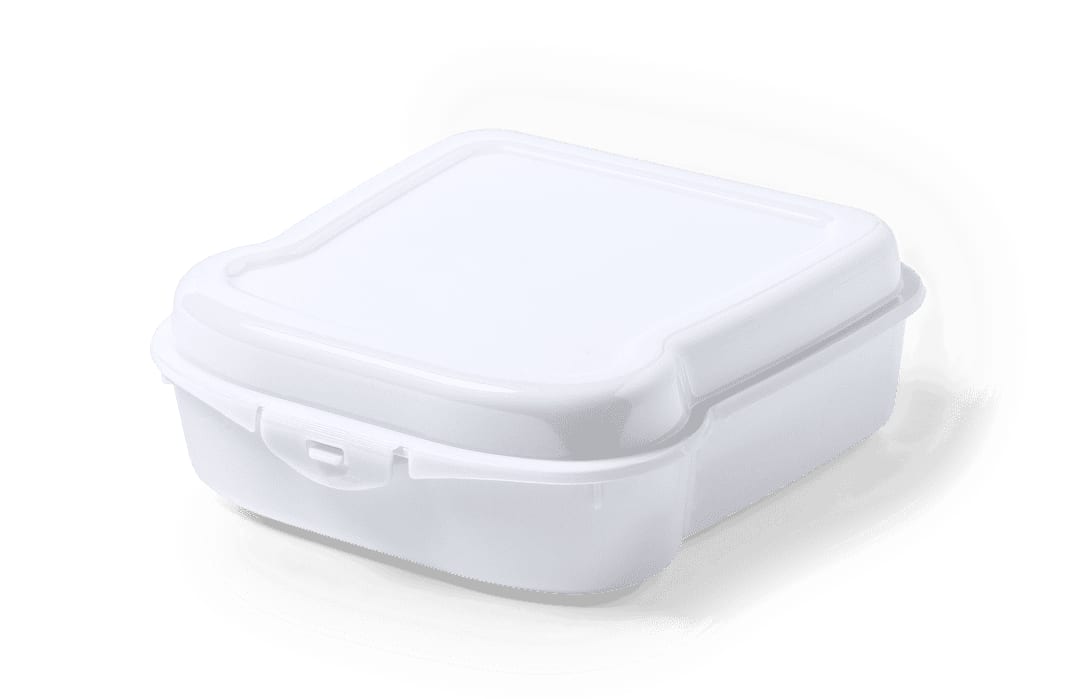 A white lunch box with a secure lid, featuring a simple design and suitable for food storage. Noix Sandwich Lunch Box - Image 1