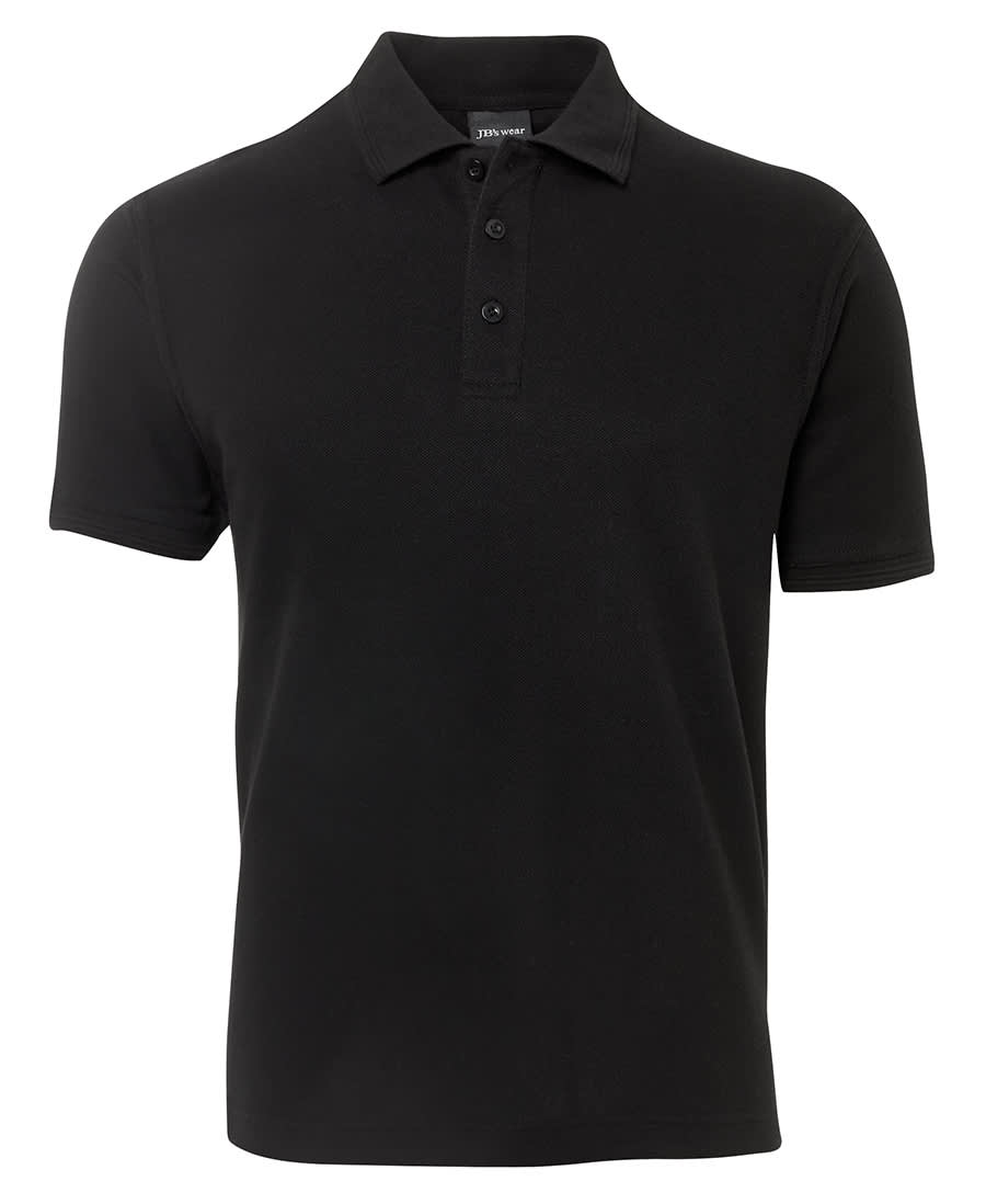 A black polo shirt with a collared neck, featuring three buttons and short sleeves. It has a logo. JB's Pique Polo - Image 1