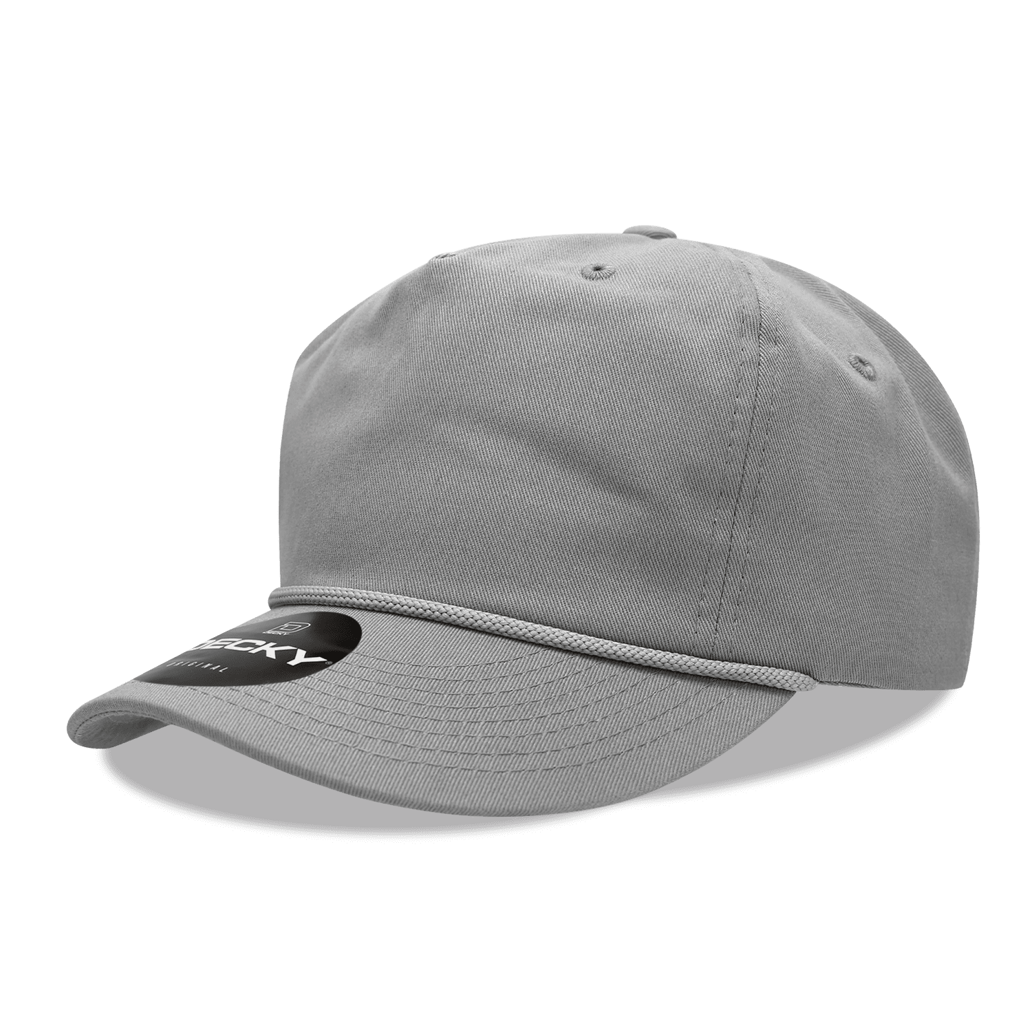 A grey 5 Panel High Profile Relaxed Cap with a curved brim and a logo. 5 Panel High Profile Relaxed Cap - Image 1