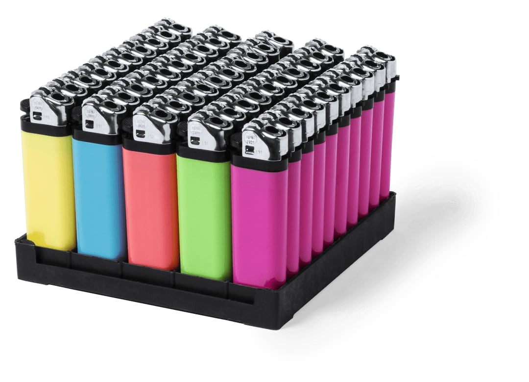 A collection of multi-coloured lighters in a black display tray, featuring yellow, pink, blue, and green sections. Fenick Lighter - Image 1