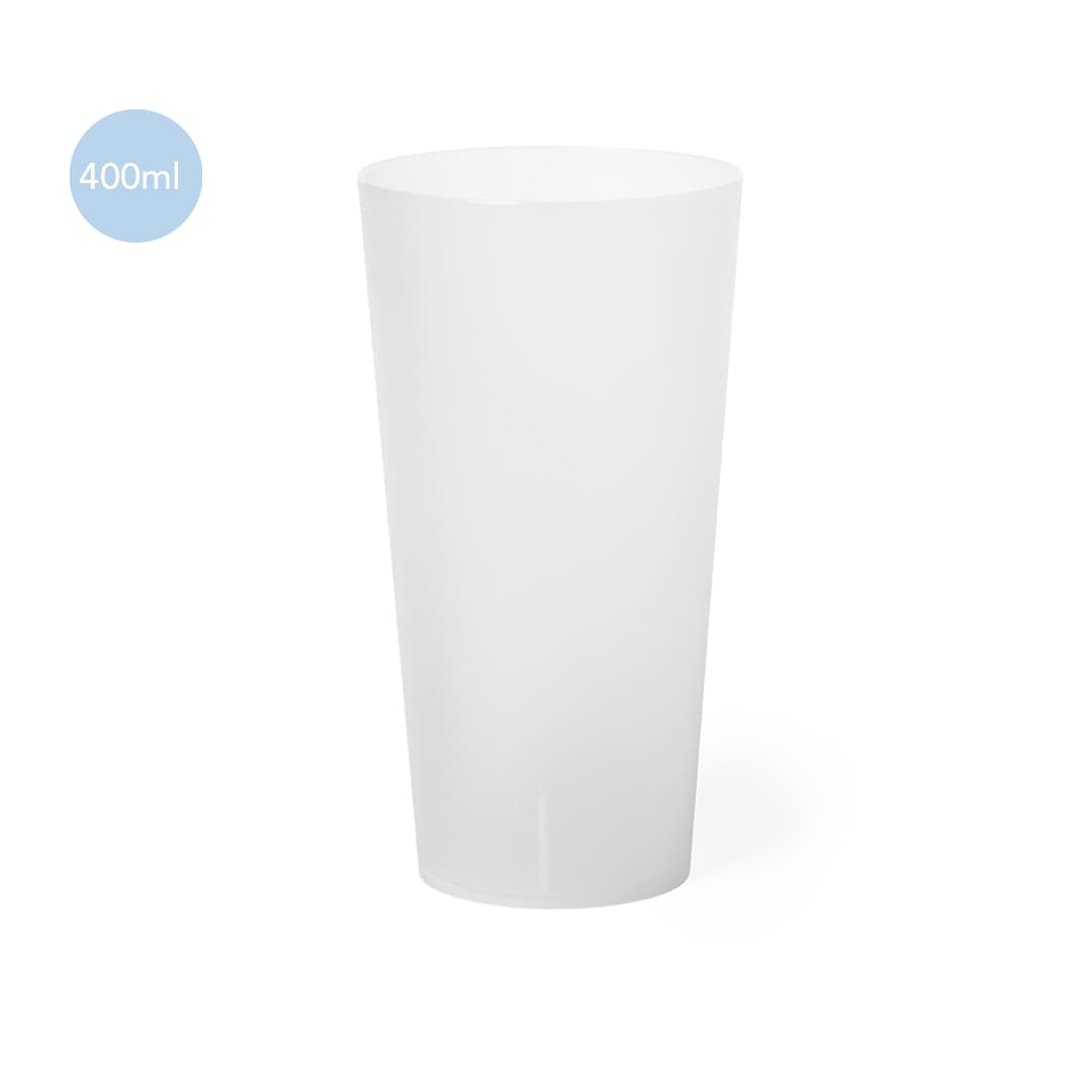A white plastic cup with a capacity of 400ml, featuring a simple design and an unspecified logo. Yonrax Cup - Image 1