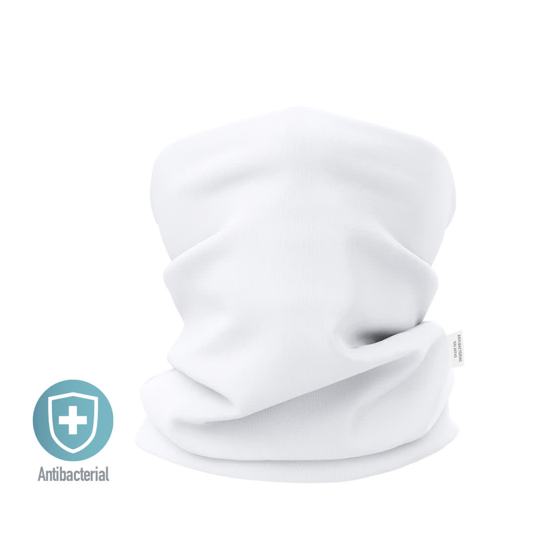 A white antibacterial neck warmer with a soft, flexible design. The product features a logo. Nical Antibacterial Neck Warmer - Image 1