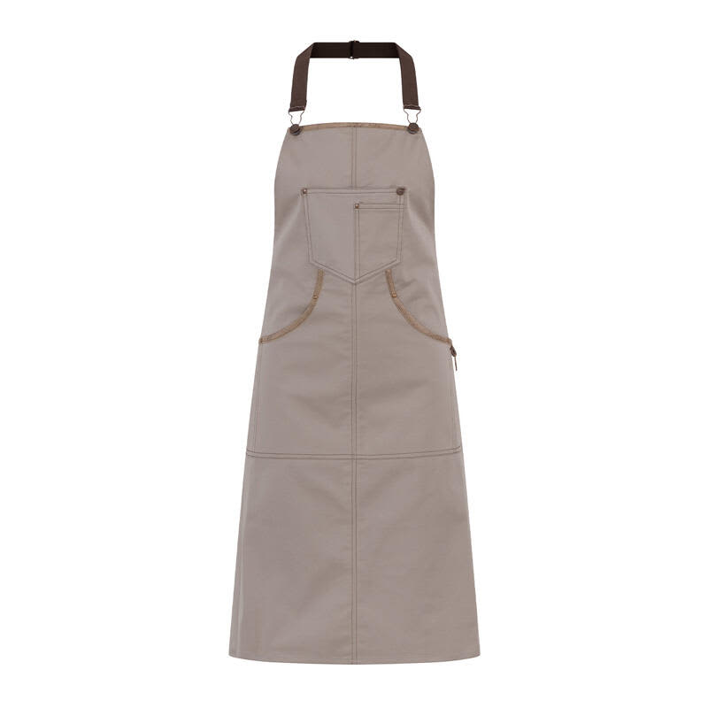 A beige apron with a pocket and dark brown straps, featuring a logo on the front. Naxos Apron - Image 1
