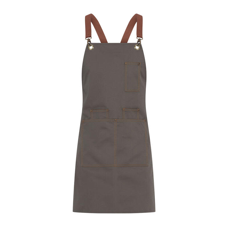 A grey apron with brown leather straps and multiple pockets, featuring a logo. Santorini Apron - Image 1