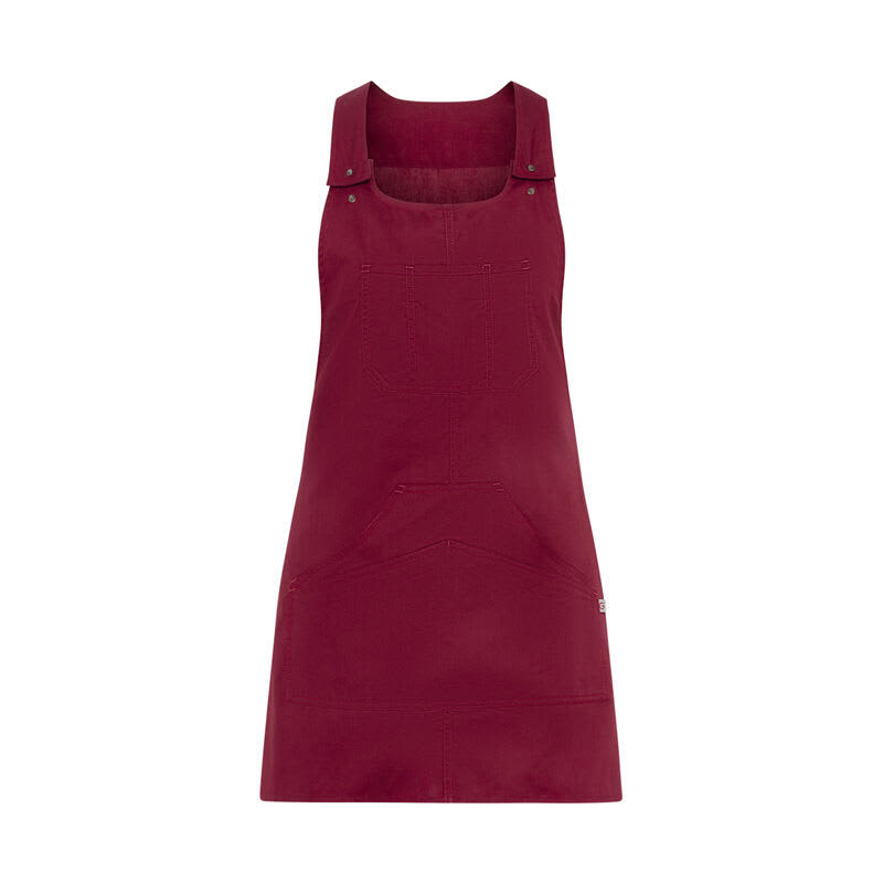 A burgundy pinafore dress with adjustable straps and a front pocket, featuring a logo. Zonda Pinafore - Image 1