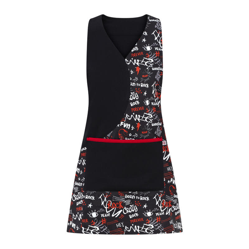 A black pinafore featuring a vibrant graphic design with red and white lettering and a front pocket. Libeccio Apron/Pinafore - Image 1
