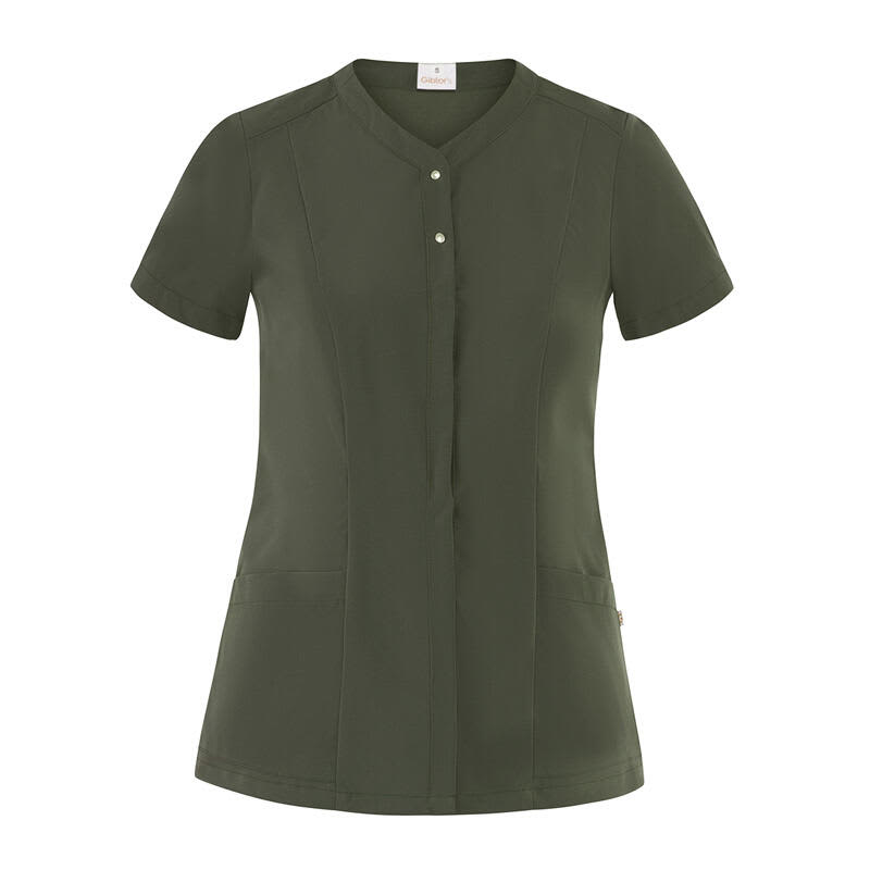 A khaki green tunic with short sleeves, a button closure, and two front pockets. The garment has a logo. Anita Tunic - Image 1