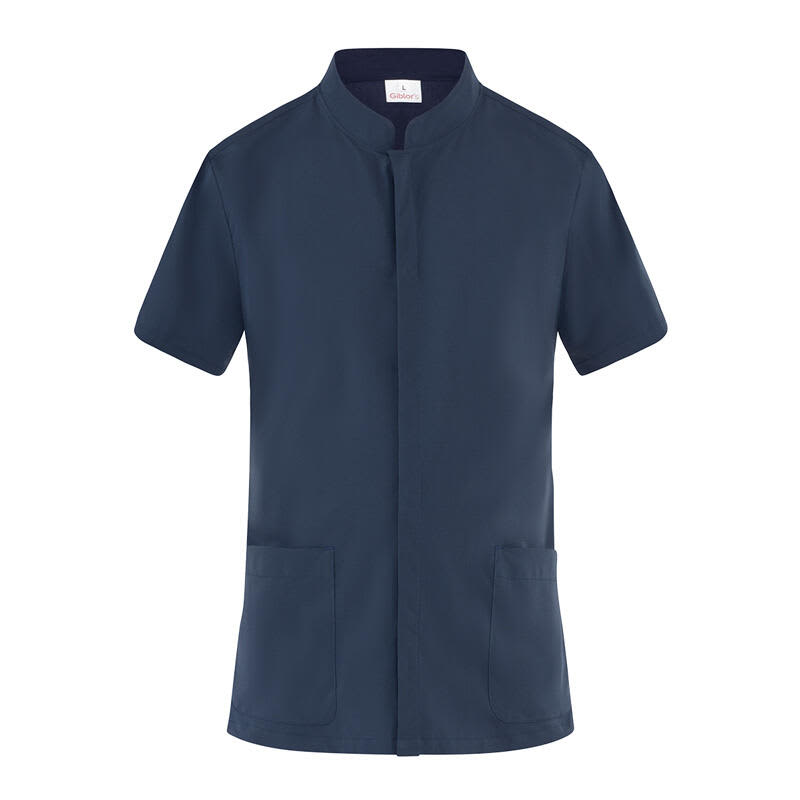 A navy blue tunic featuring short sleeves, a stand-up collar, and two front pockets. It has a logo on it. Ruben Tunic - Image 1