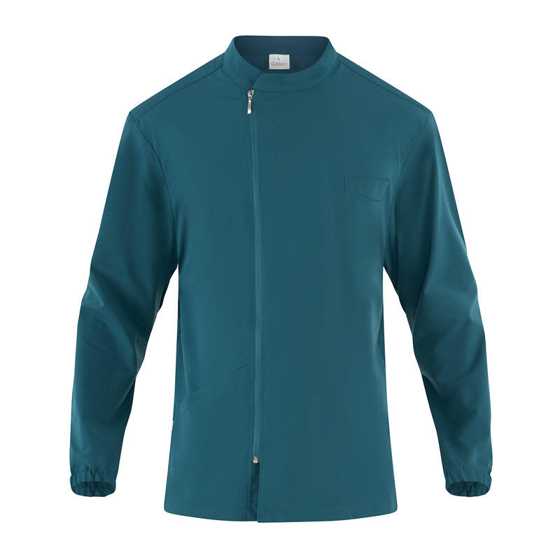 A teal tunic featuring a zip front and long sleeves, with a chest pocket and a branding logo. Davide Tunic - Image 1