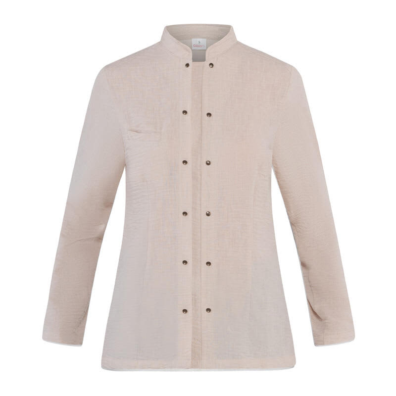 A lightweight, beige Alba Jacket with a mandarin collar and button closures, featuring a single chest pocket. Alba Jacket - Image 1