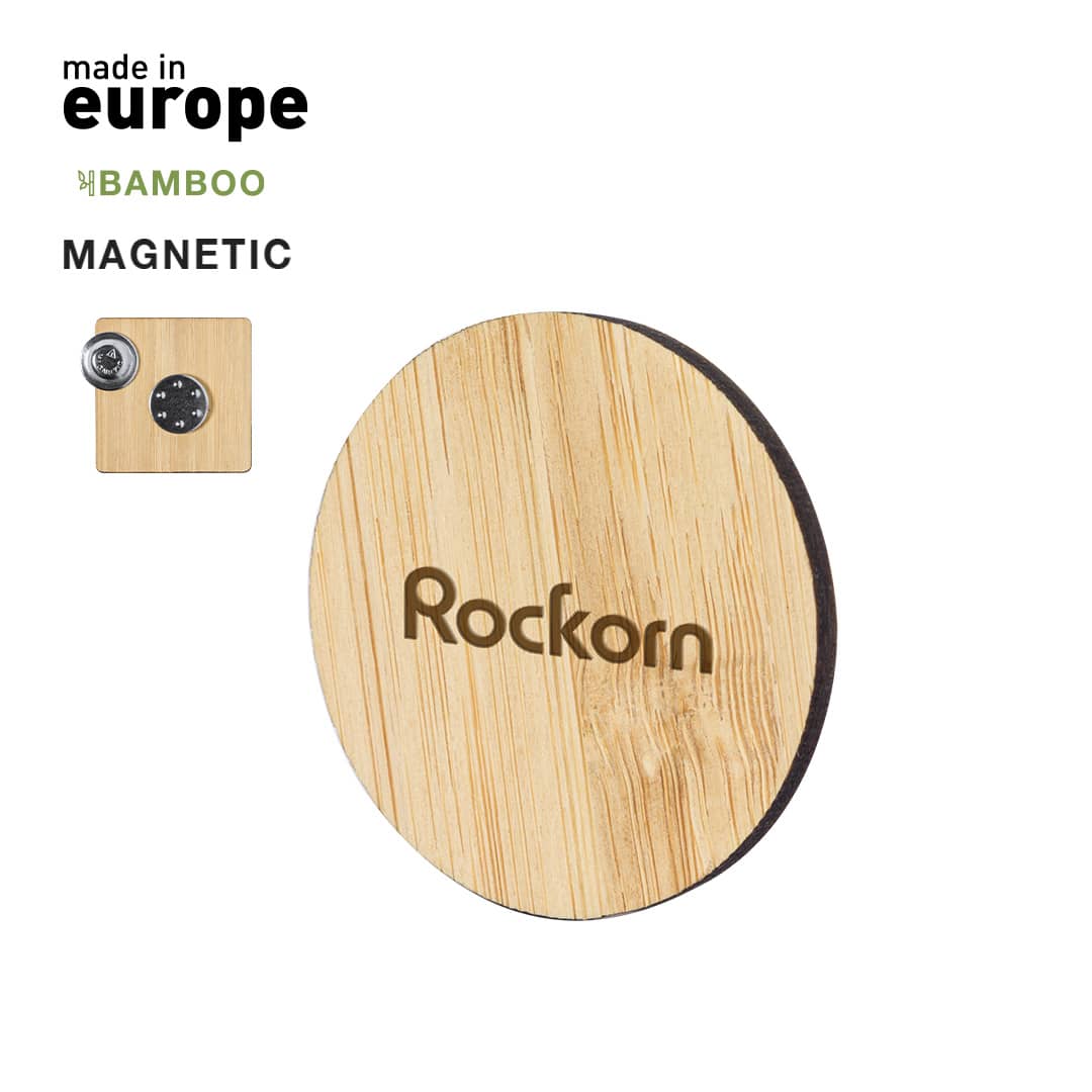 A round bamboo magnetic pin with a natural wood finish and a logo. Features a small round magnet on the back. Royers Pin - Image 1