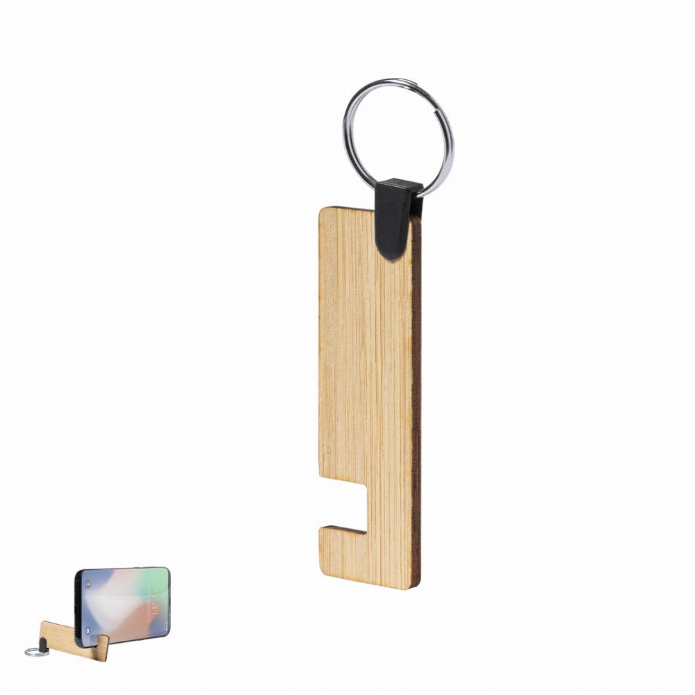 A wooden phone stand with a keyring attached, designed for holding a smartphone upright. Evans - Image 1