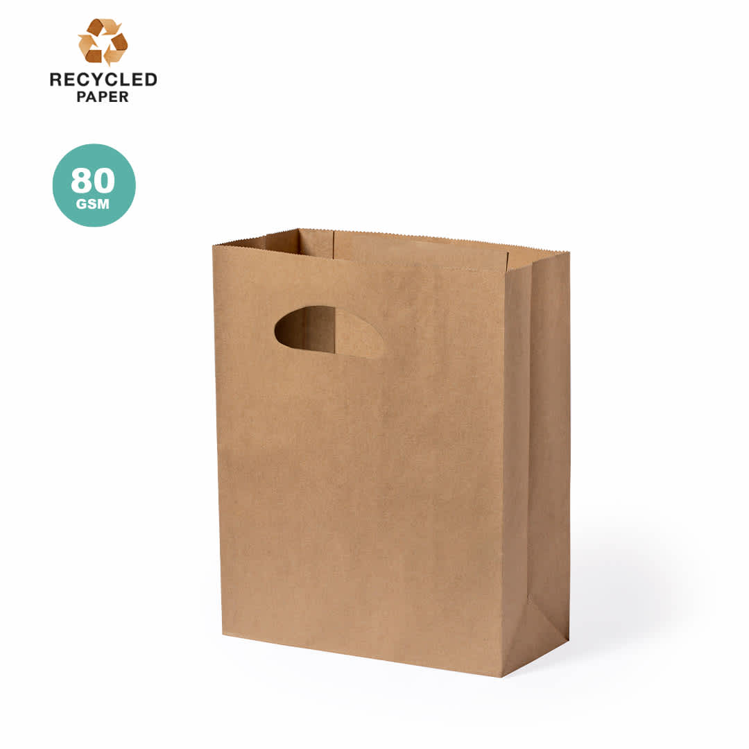 A brown recycled paper bag with cut-out handles, made from 80 GSM paper. It has a simple design and no visible logos. Collins Bag - Image 1