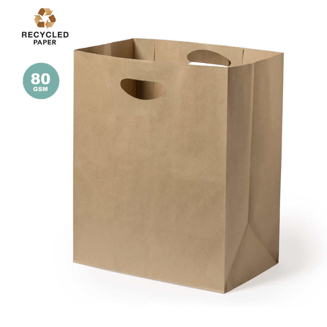 A brown paper bag with cut-out handles, made from recycled material, featuring a logo. Drimul Bag - Image 1