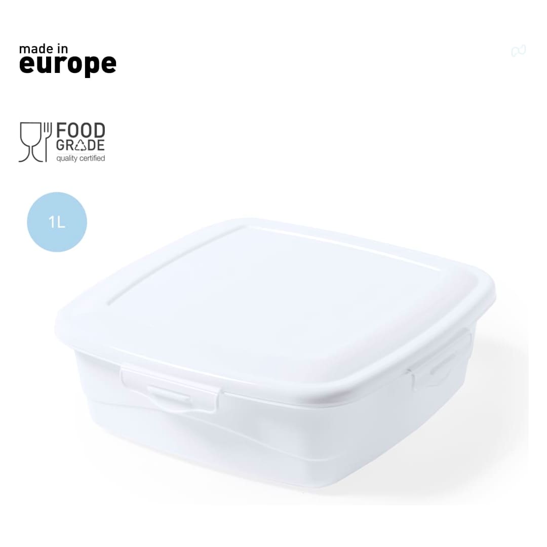 A white, square lunch box with a secure lid, featuring a food-grade quality certification. Travil Lunch Box - Image 1