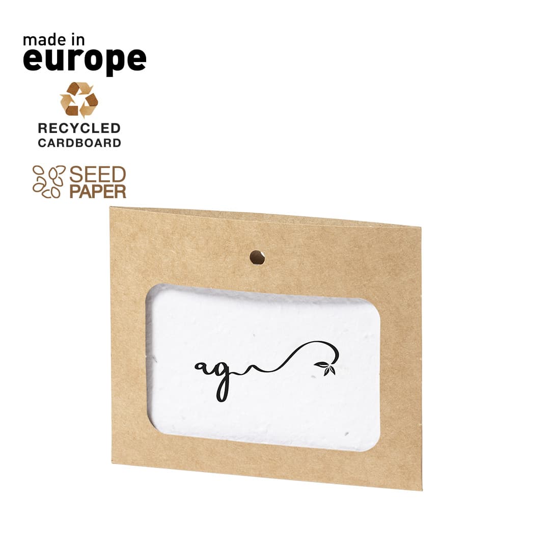 A seed paper card in a recycled cardboard package, featuring a minimalist design and a logo. Binem Seeds Id Badge - Image 1