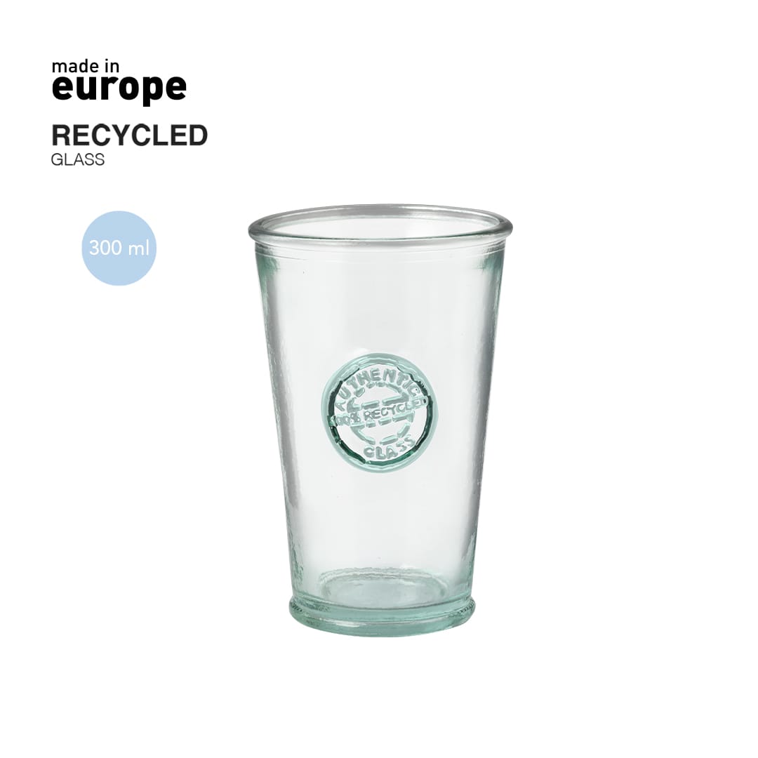 A drink cup made of recycled glass, transparent with a green tint, featuring a logo on the front. Rawlin Cup - Image 1