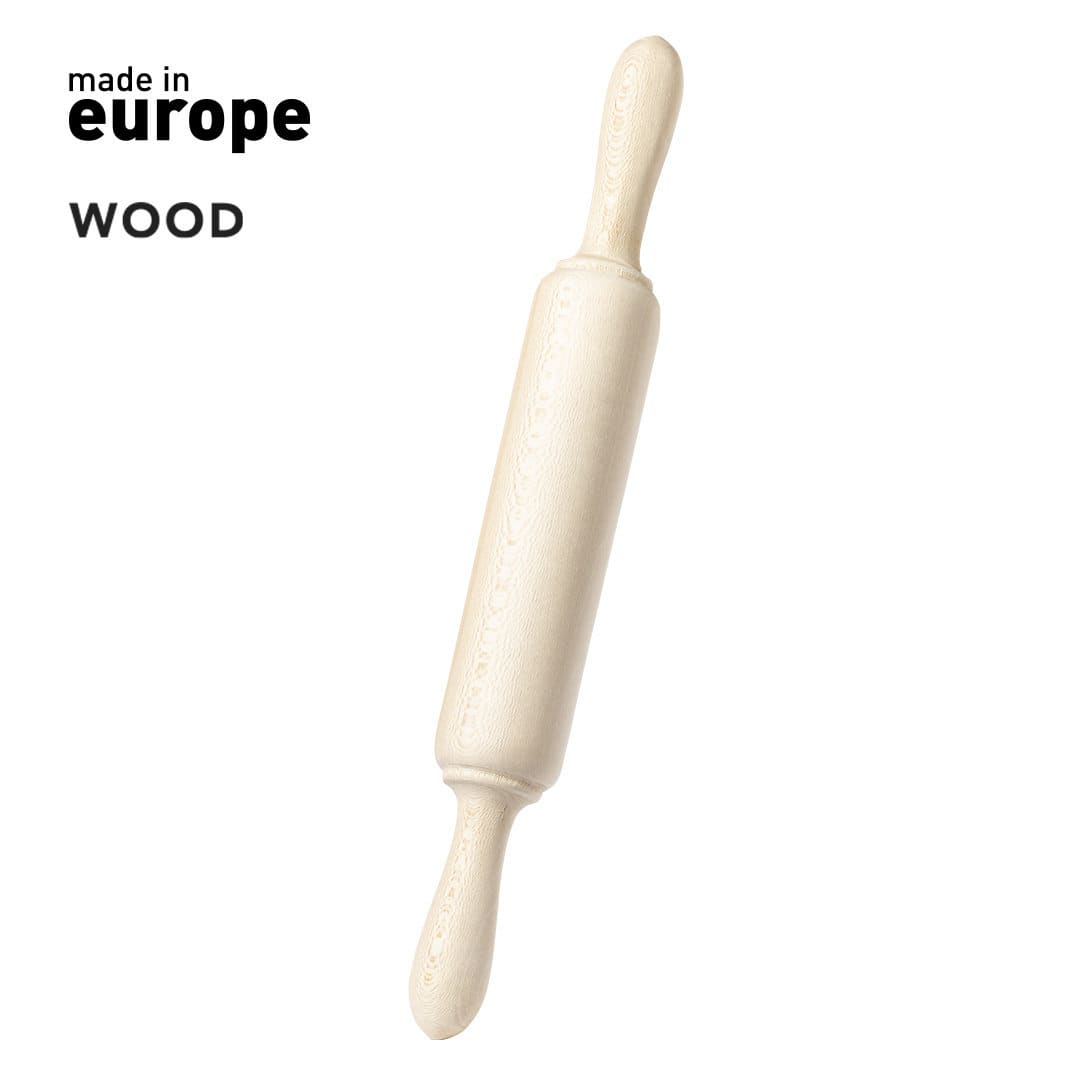 A wooden rolling pin with ergonomic handles, featuring a light natural wood finish and a branding logo. Lenon - Image 1
