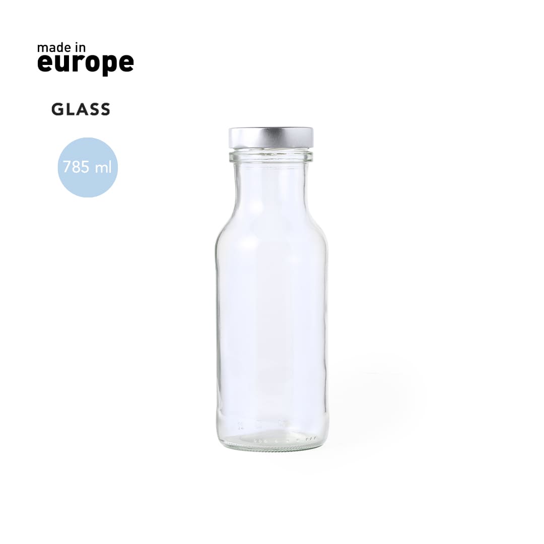 A drink bottle made of glass, featuring a silver lid, with a capacity of 785 ml. It has a simple, elegant design. Dinsak Bottle - Image 1