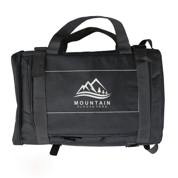 A black multifunctional backpack with handles and a logo, featuring multiple compartments and straps. Large Capacity Multifunctional Backpack - Image 1