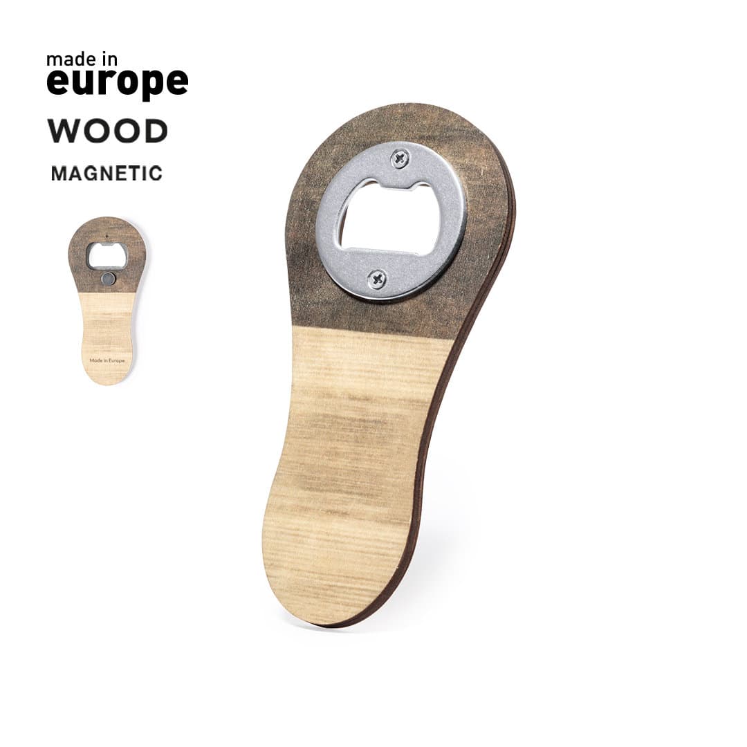 A drink bottle opener made of wood with a metallic opener, featuring a magnetic back. It has a natural wood colour. Samary Opener - Image 1