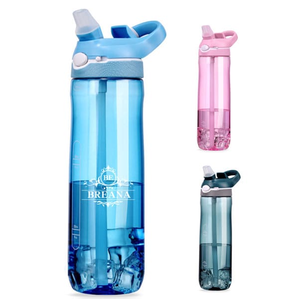 A drink bottle in blue with a straw and flip-top lid, alongside pink and dark blue variations. It features a logo. Tritan Outdoor Water Bottle - Image 1