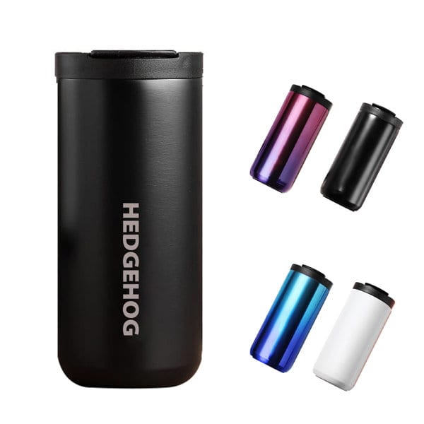 A travel mug featuring a sleek black design and available in purple, black, blue, and white colours with a logo. Stainless Steel Insulated Travel Car Mug - Image 1