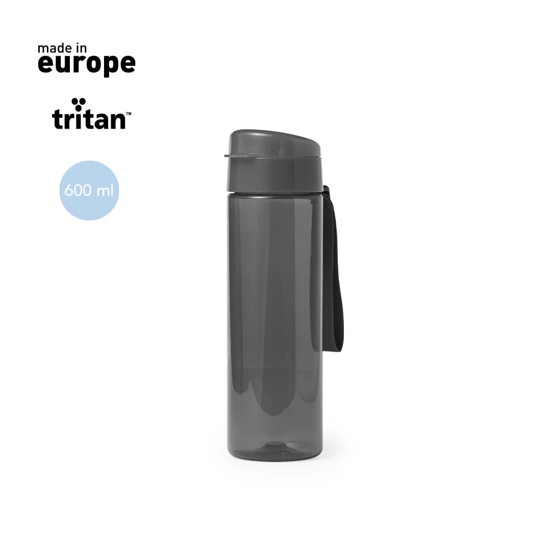 A drink bottle in grey, featuring a sleek design and a strap, made from Tritan material with a 600 ml capacity. Trakex Bottle - Image 1