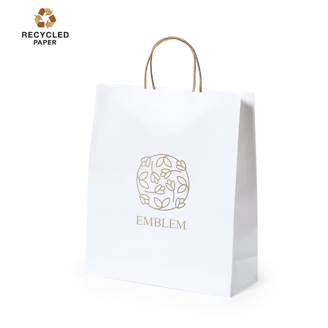 A white paper bag with a brown logo design and handles, made from recycled paper. Cynthia Bag - Image 1