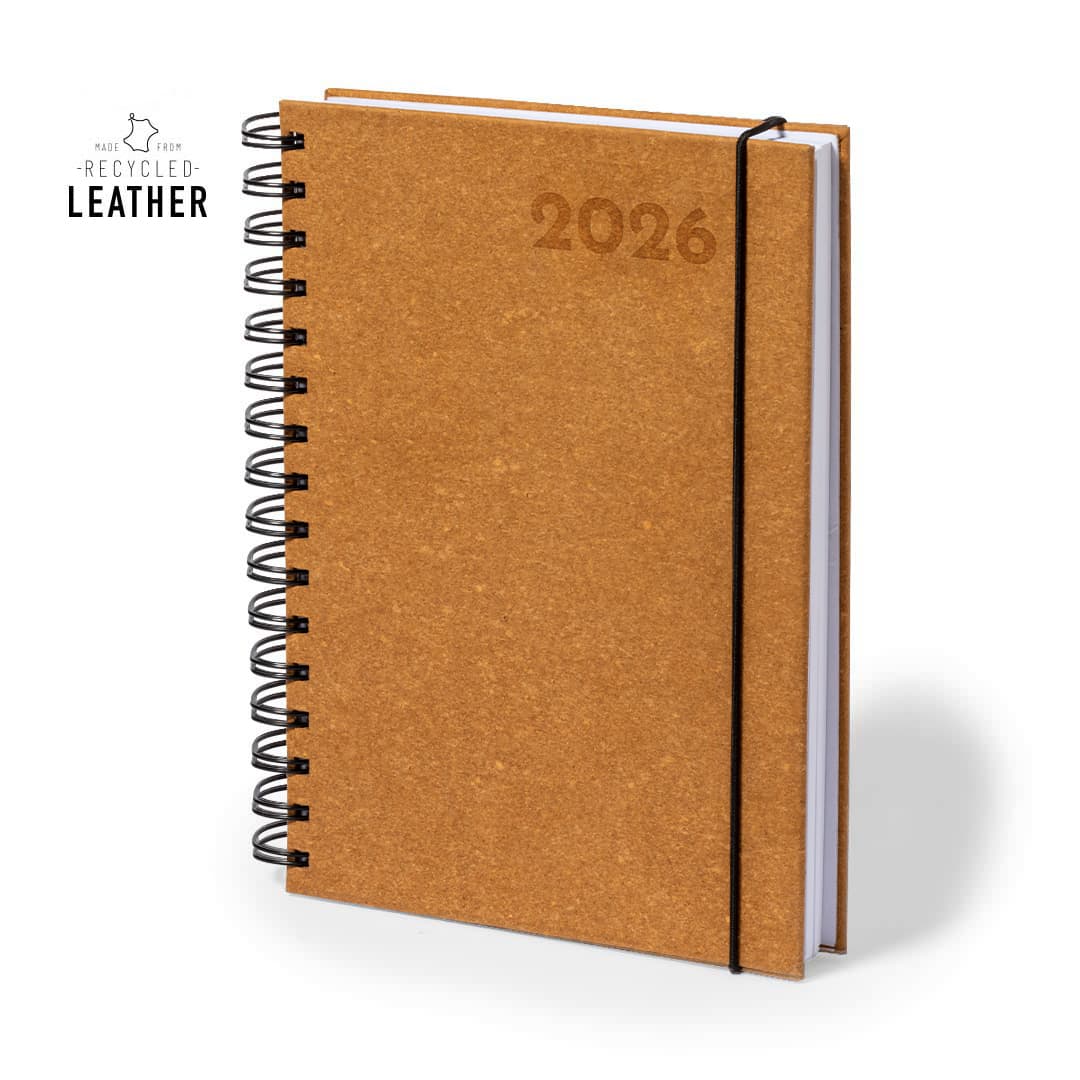 A brown recycled leather diary with a spiral binding, featuring the year '2026' embossed on the cover. Torkix Diary - Image 1
