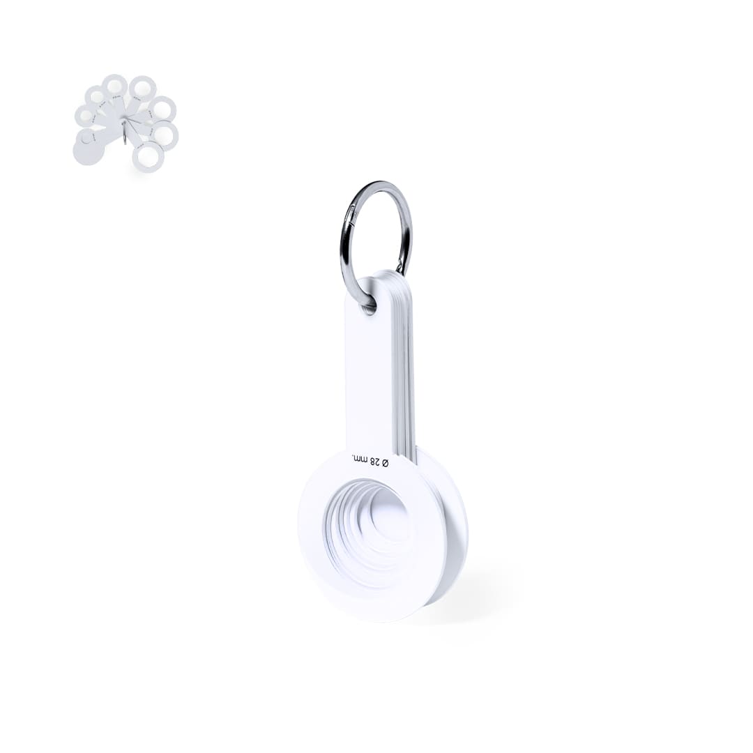 A white Iswud Caliper keyring tool with multiple measurement rings attached. Iswud Caliper - Image 1