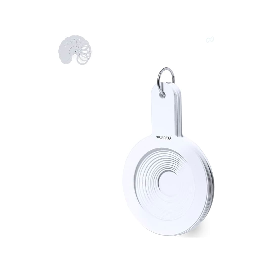 A white measuring caliper with a keyring attachment, featuring circular measurement increments. Miant Caliper - Image 1