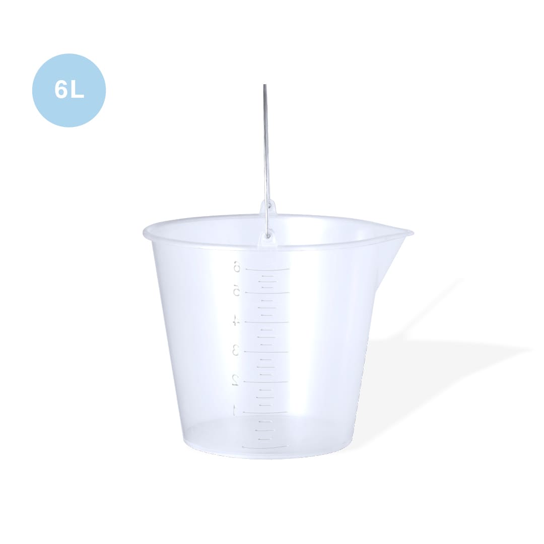 A transparent 6L bucket with measurement markings and a handle. It has a simple, functional design. Manson Measuring Bucket - Image 1