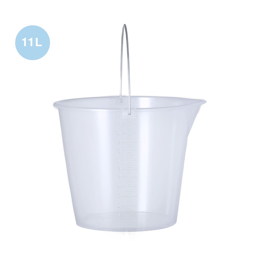 An 11L transparent plastic bucket with a metal handle and measurement markings on the side. Lunux Measuring Bucket - Image 1