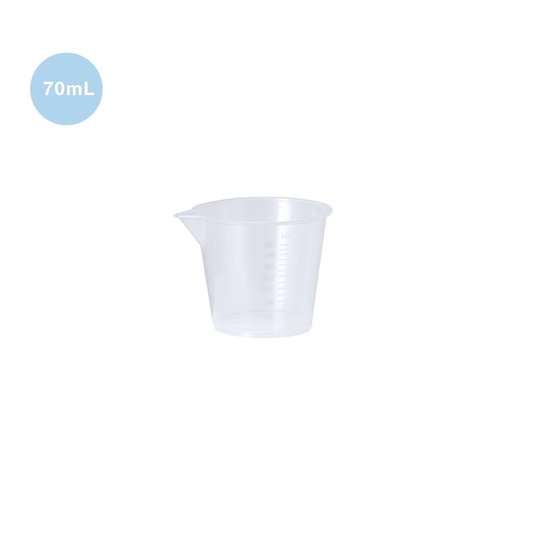 A measuring cup in clear plastic, featuring measurement markings and a pouring spout, 70 mL capacity. Roswal Measuring Cup - Image 1
