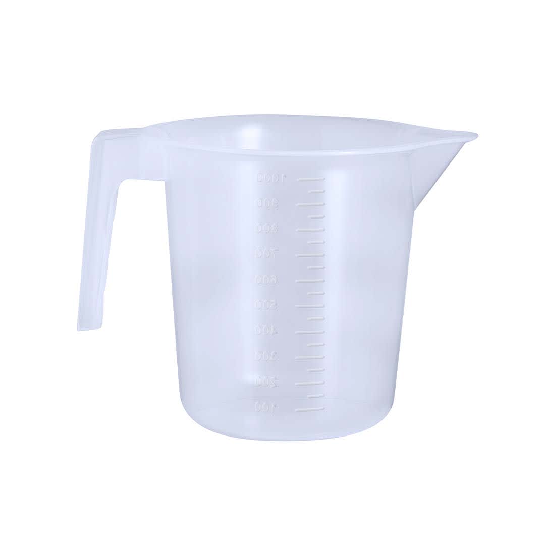 A clear plastic measuring jug with a spout and a handle, featuring measurement markings on the side. Suwan Measuring Jug - Image 1