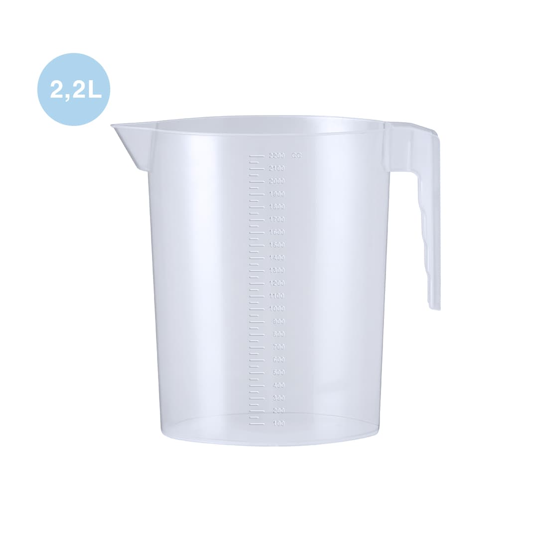 A measuring jug in clear plastic, featuring a handle and measurement markings up to 2.2L. It has a logo on it. Sasuk Measuring Jug - Image 1