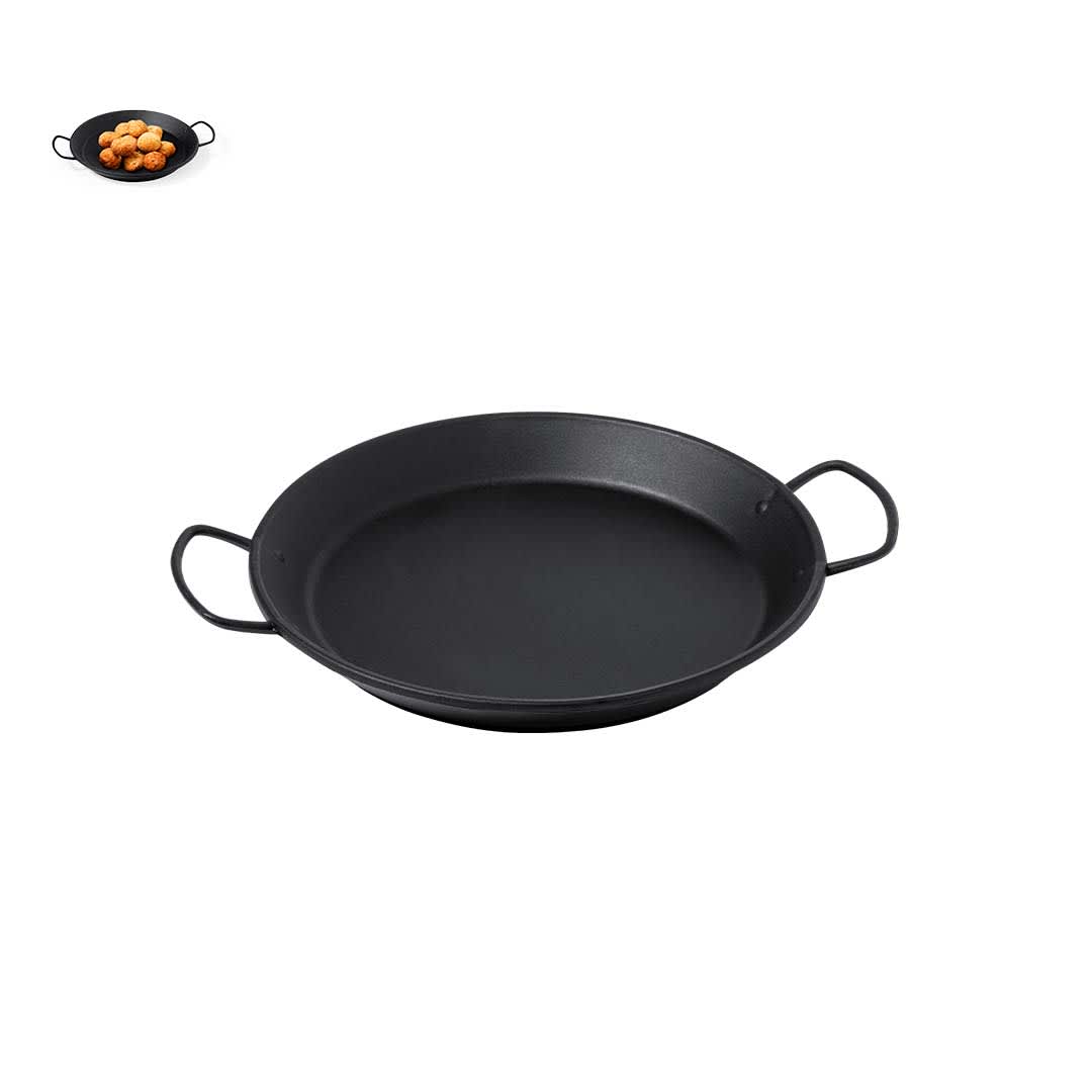 A black Abanda Plate with two handles, featuring a smooth surface and a simple design. It includes a smaller dish with food. Abanda Plate - Image 1