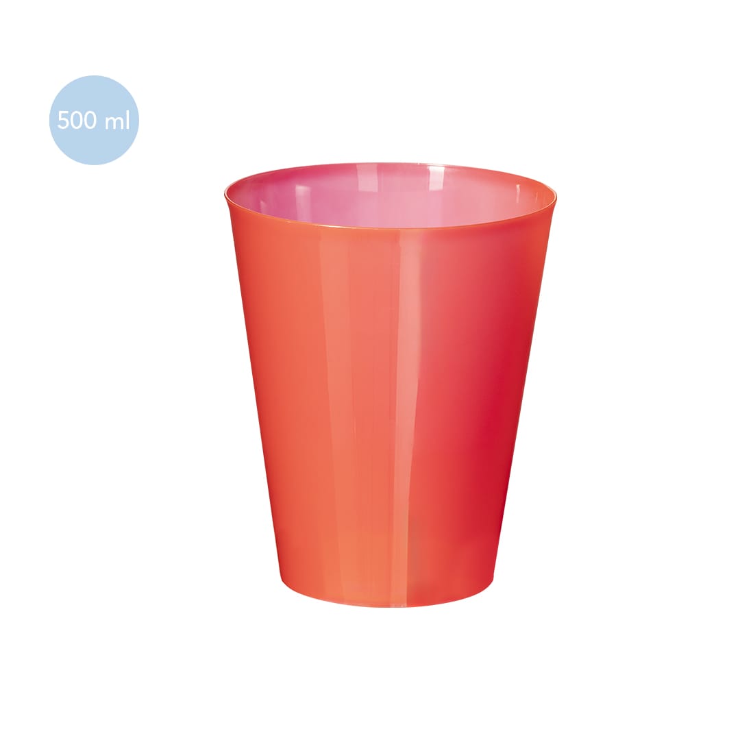 A drink cup in vibrant coral, made of plastic, with a capacity of 500 ml and featuring a logo. Colorbert Cup - Image 1