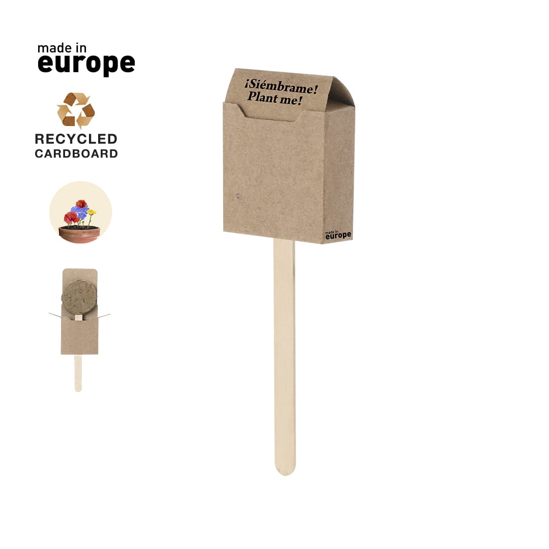 A seed lollipop with a brown cardboard holder and a wooden stick, ready for planting. Features a logo. Ebeldy Seed Lollipop - Image 1